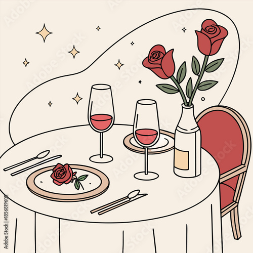 Romantic candlelight dinner table setup with wine glasses and roses,
Valentine’s Day evening mood,
soft warm lighting, elegant atmosphere,
shallow depth of field, luxury style,
copy space