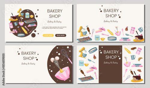 Set of bakery shop banners with baking tools, ingredients and desserts. Perfect for pastry shops, food branding, website headers, menus, promotions, social media and bakery marketing design.