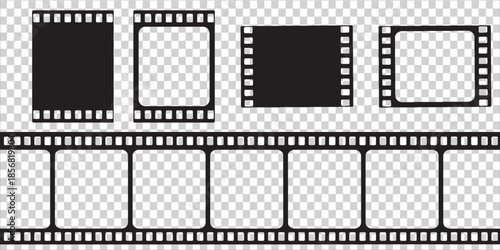 Old retro movie film strip set with grunge texture isolated on white background. Film strip templates. Cinema and filmmaking concept.