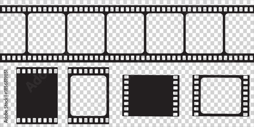 Old retro movie film strip set with grunge texture isolated on white background. Film strip templates. Cinema and filmmaking concept.