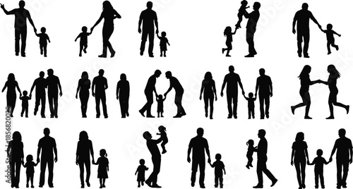 Family silhouette collection showing parents and children together, happy bonding moments parenting activities and loving relationships in daily life scenes