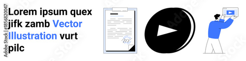 Document with signature, large play button, person presenting on screen. Ideal for education, multimedia, presentation, digital signing, corporate training, content-sharing and simple landing page
