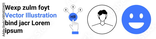 Human resources, employee onboarding, recruitment, corporate identity, professional networking, teamwork. HR button with a pointing hand, profile icon smiling emoticon. Human resources and employee