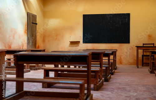 Wallpaper Mural Interior of a traditional African classroom with wooden desks and a blackboard. Torontodigital.ca