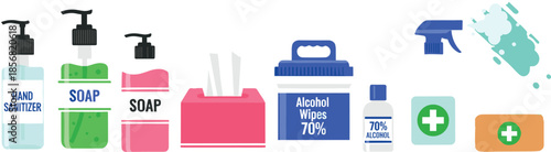 Personal hygiene and disinfection supplies illustration showing soap sanitizer wipes alcohol spray and first aid items for health protection