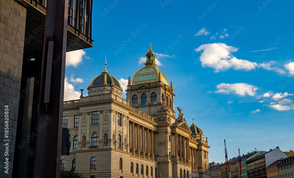 Fototapeta premium National Museum building in Prague under blue sky.