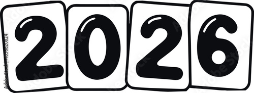 Cartoon Style Numbers 2026 Displayed on White Background with Black Outline year new year