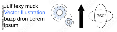 Automation, engineering, process optimization, industrial design, workflow efficiency, and creative strategy. Gears with an arrow and a 360-degree rotation motion. Automation and process optimization