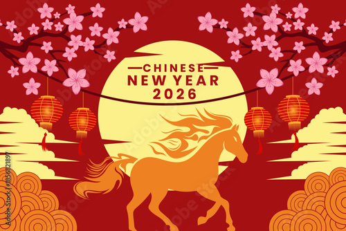 Chinese New Year background illustration with a fire horse in a natural style. Lunar New Year background vector. Years of the horse Chinese zodiac
