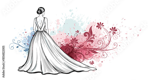 Elegant hand-drawn sketch of a bride seen from the back wearing a long flowing wedding gown with artistic floral flourishes and watercolor splashes.