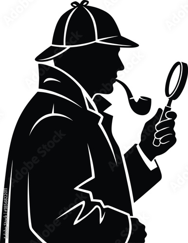 Sherlock Detective Silhouette with Pipe and Magnifying Glass – Classic Investigation Icon Isolated Vector