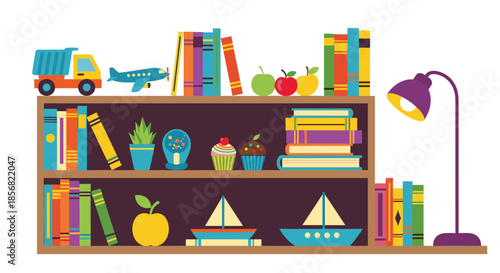 Organized bookshelf illustration filled with colorful books, toy vehicles, model boats, small plants, and cupcakes next to a glowing bedside lamp.