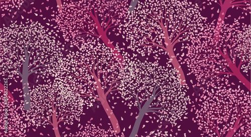 Beautiful seamless pattern of stylized trees with dense pink and white spring blossoms set against a rich deep purple background for elegant wallpaper.