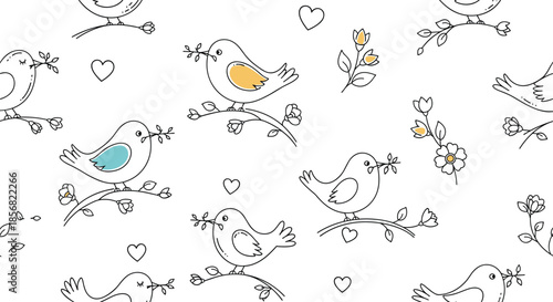 Darling seamless pattern of cute little birds perched on flowering branches among small floating hearts on a clean white background for nursery art.