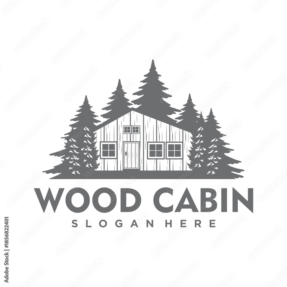 Obraz premium Wooden house icon. A black and white illustration of a house on a hill surrounded by evergreen trees.