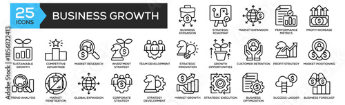 Business Growth icon collection set. Containing design Business Expansion, Investment Strategy, Market Research, Performance Metrics, Profit Increase