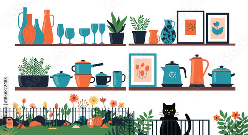 Modern kitchen interior illustration with organized shelves containing plants and cookware above a lush backyard garden with a curious black cat.