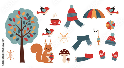 Seasonal icon set for autumn and winter featuring a squirrel, birds, a warm cup of coffee, winter clothing items, and colorful trees for fall designs.