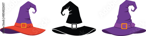 Witch Hat Set Illustration in Color and Silhouette – Halloween Magic Hats Isolated on Transparent Background Vector