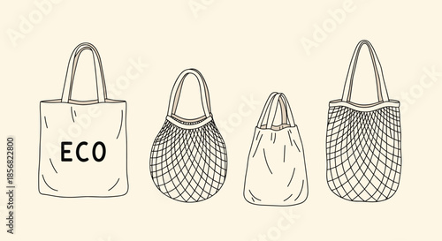 Line art illustration of four different reusable eco friendly shopping bags including tote bags and net bags for zero waste living.