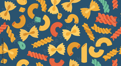 Fun seamless pattern showcasing different types of dry pasta shapes like farfalle, fusilli, and penne on a dark blue background.