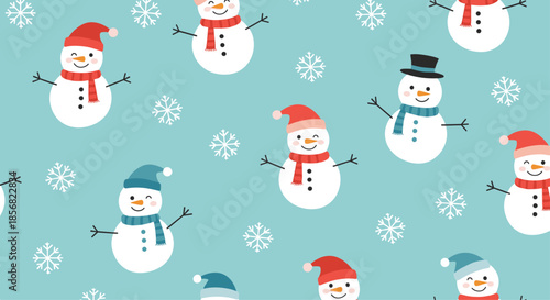 Cheerful seamless pattern with cute snowmen wearing red and blue hats and scarves among white falling snowflakes on a teal background.