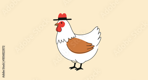Simple illustration of a white hen wearing a stylish red hat against a solid light peach background for a minimalist look.