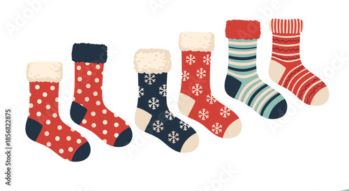 Colorful collection of cozy winter socks featuring festive patterns such as polka dots, snowflakes, and stripes for the holiday season.