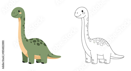 Educational illustration showing a cute long-necked dinosaur with spots in both a colored version and a black outline for coloring.