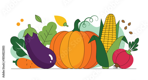Vibrant autumn harvest collection of vegetables including a large orange pumpkin, eggplant, corn, carrot, and a small red radish.