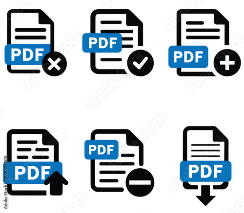 Pdf document file icons set. add, delete, upload, download