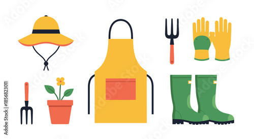 Essential gardening tool set including a sun hat, apron, garden fork, gloves, a potted plant, and green rubber boots for outdoor work.