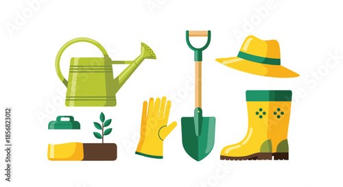 Collection of gardening tools like a watering can, shovel, gloves, and boots isolated on a clean white background for design.