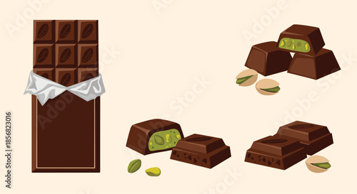 Tempting dark chocolate bar and individual pieces filled with green pistachios for a luxurious and delicious dessert concept.