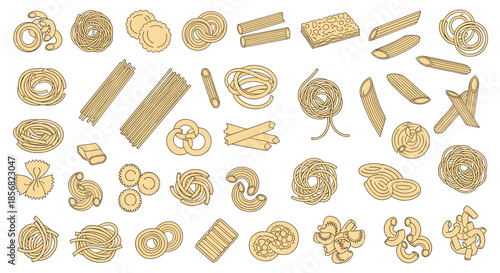 Hand drawn sketch collection of various pasta types including spaghetti, ravioli, and lasagna for cooking and culinary arts.