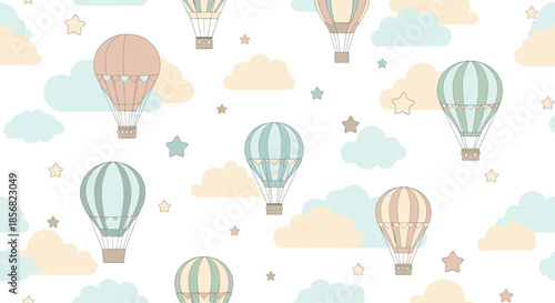 Seamless pattern with pastel hot air balloons, fluffy clouds, and small stars on a white background for baby nursery decor.