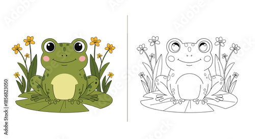 Coloring page for kids featuring a cute frog sitting on a lily pad next to yellow flowers in both color and line art styles.