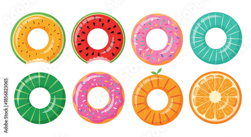 Set of colorful inflatable pool rings shaped like fruits and donuts for summer swimming pool party and beach holiday concepts.