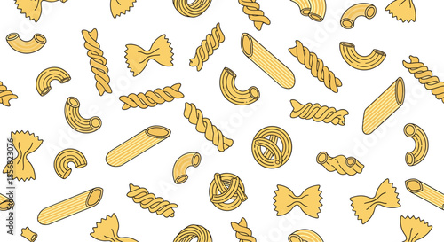 Seamless pattern of different pasta shapes like penne, fusilli, and farfalle on a white background for Italian cuisine themes.