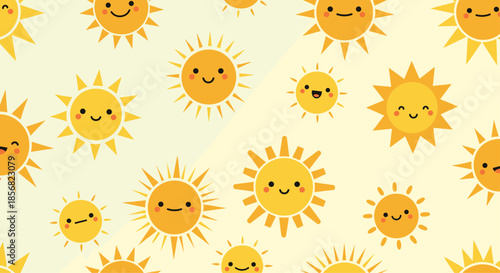 Happy sun characters seamless pattern with cute smiling faces on a warm yellow background for sunny weather and summer vibes.