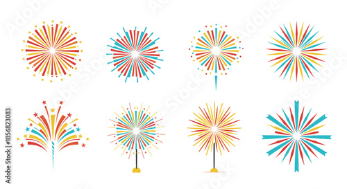 Spectacular set of colorful firework bursts and sparks for holiday celebrations, festivals, and special event decorations.