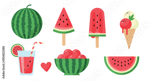 Watermelon themed food set including whole fruit, slices, juice, ice cream, and popsicles for summer refreshment concepts.