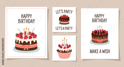 Birthday celebration cards and social media posts with chocolate cakes, cupcakes, and berries for party invitations and wishes.