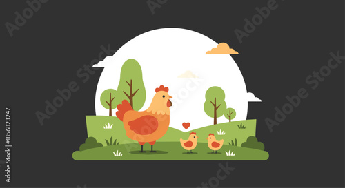 Peaceful farm landscape illustration with a mother hen and her two cute yellow chicks in a green meadow.