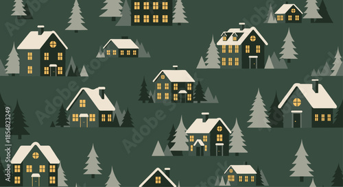 Cozy seamless pattern of snowy winter houses nestled among pine trees under a dark night sky for seasonal decor.