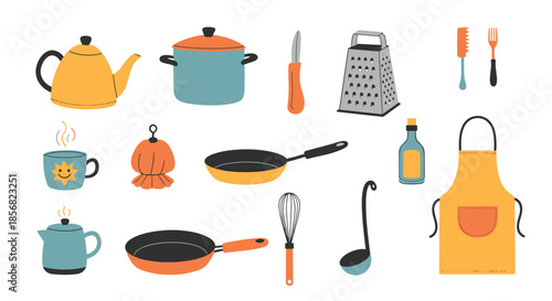 Comprehensive set of flat kitchen icons including pots, pans, utensils, apron, and teapot in a modern color palette.