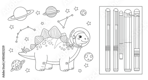 Fun coloring page for children showing a cute stegosaurus dinosaur astronaut exploring outer space among planets.