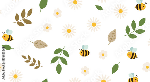Charming seamless pattern of busy bumblebees flying among white daisies and green leaves on a white background.