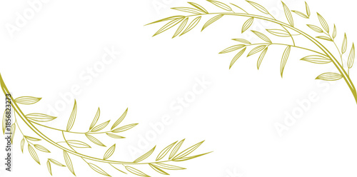 Golden Outline Bamboo Branches Forming a Decorative Corner Frame on White Background leaves
