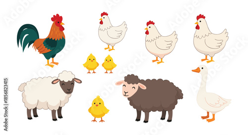 Diverse set of cute farm animal icons featuring a rooster, hens, chicks, sheep, and a goose for agricultural themes.